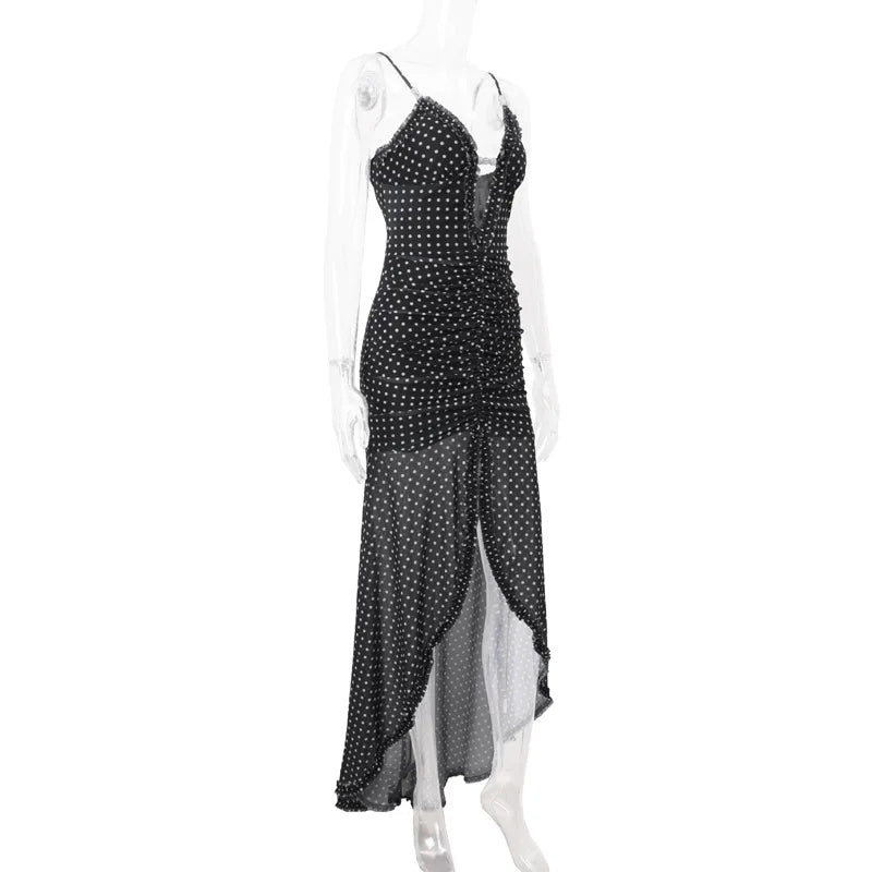 Women's Summer Boho Polka Dot Split Dress - V-Neck Backless Holiday Dress