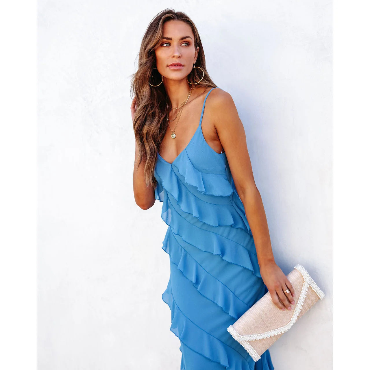 Women's Spaghetti Strap Draped Maxi Dress - Ruffle Sleeveless Backless Sundress