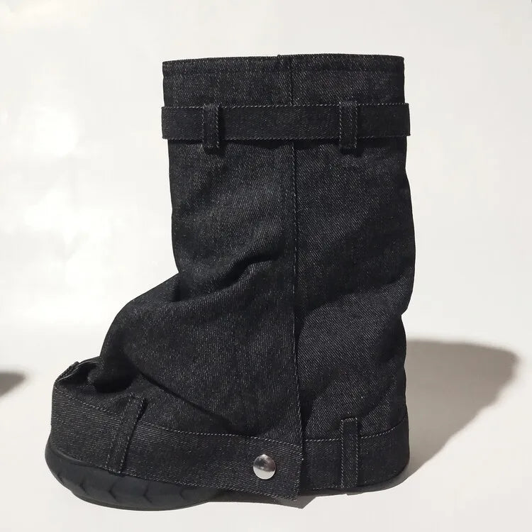 Women's Metal Buckle Thick Soled Denim Boots