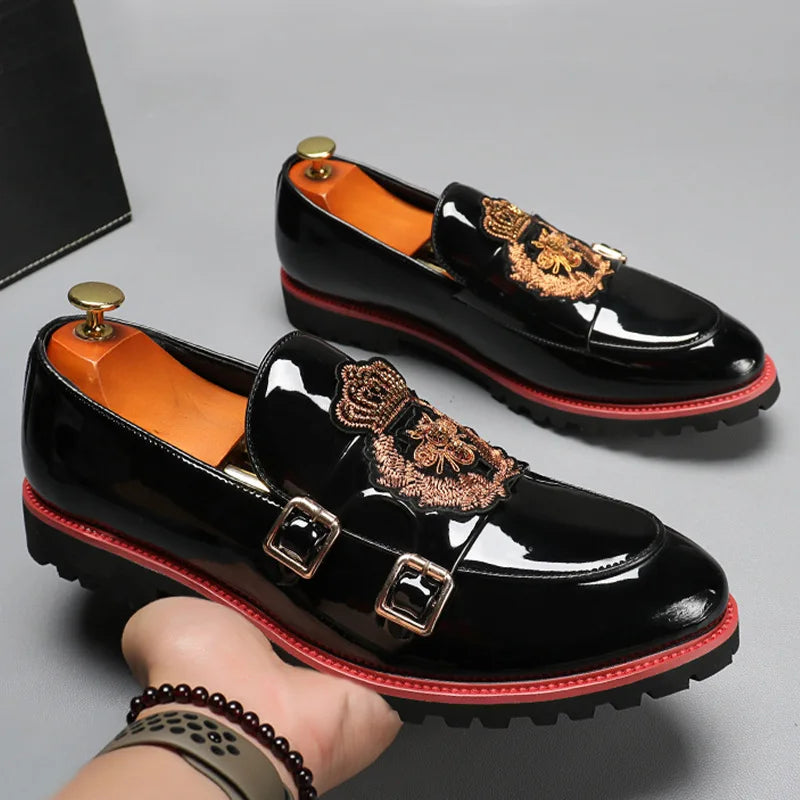 Men's Leather Embroidery Slip On Loafers Shoes