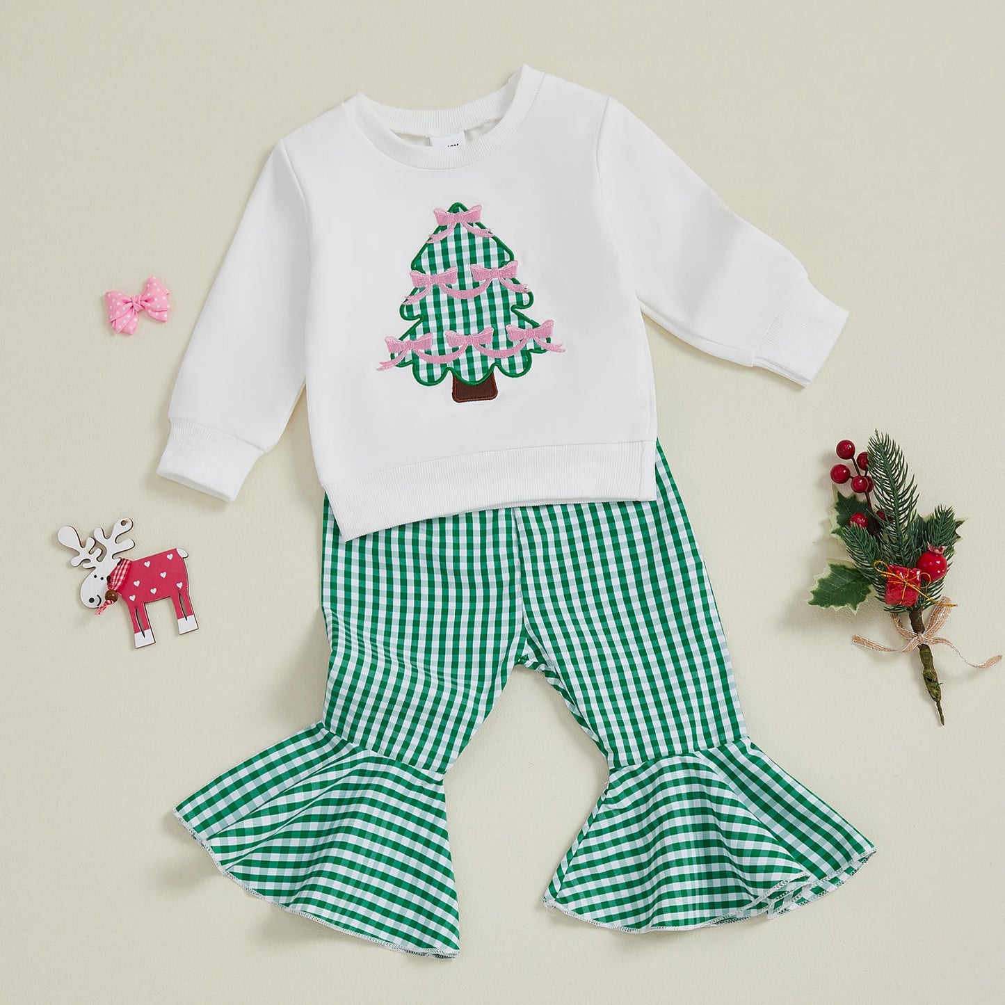 Baby Girls Christmas Tree Embroidered Sweatshirt & Plaid Bell Bottoms Set (0-4Y)