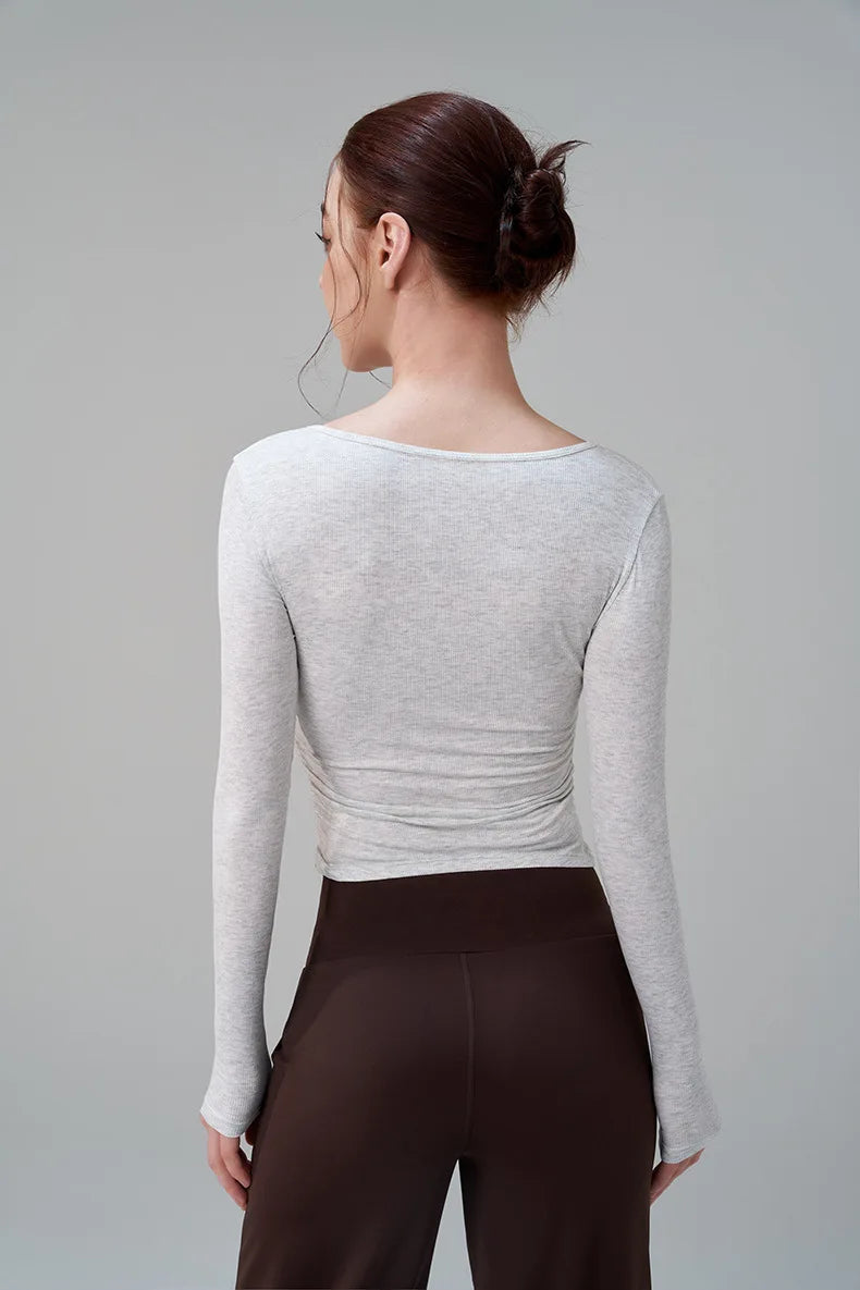 Ribbed Gym Top - Long Sleeve Drape Sides Yoga Shirt with Dry Fit