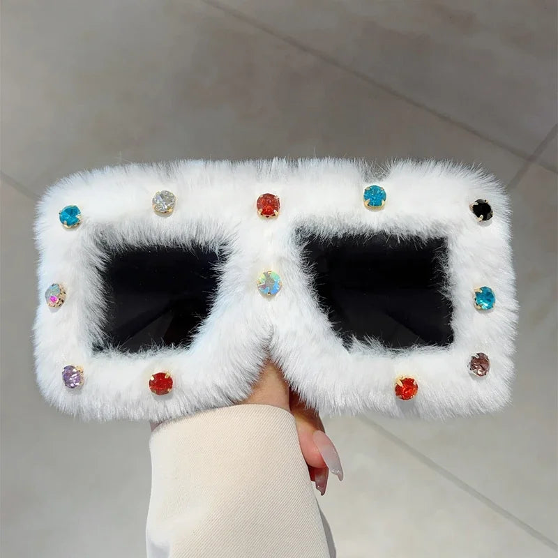 Women's Square Furry Sunglasses with Rhinestones