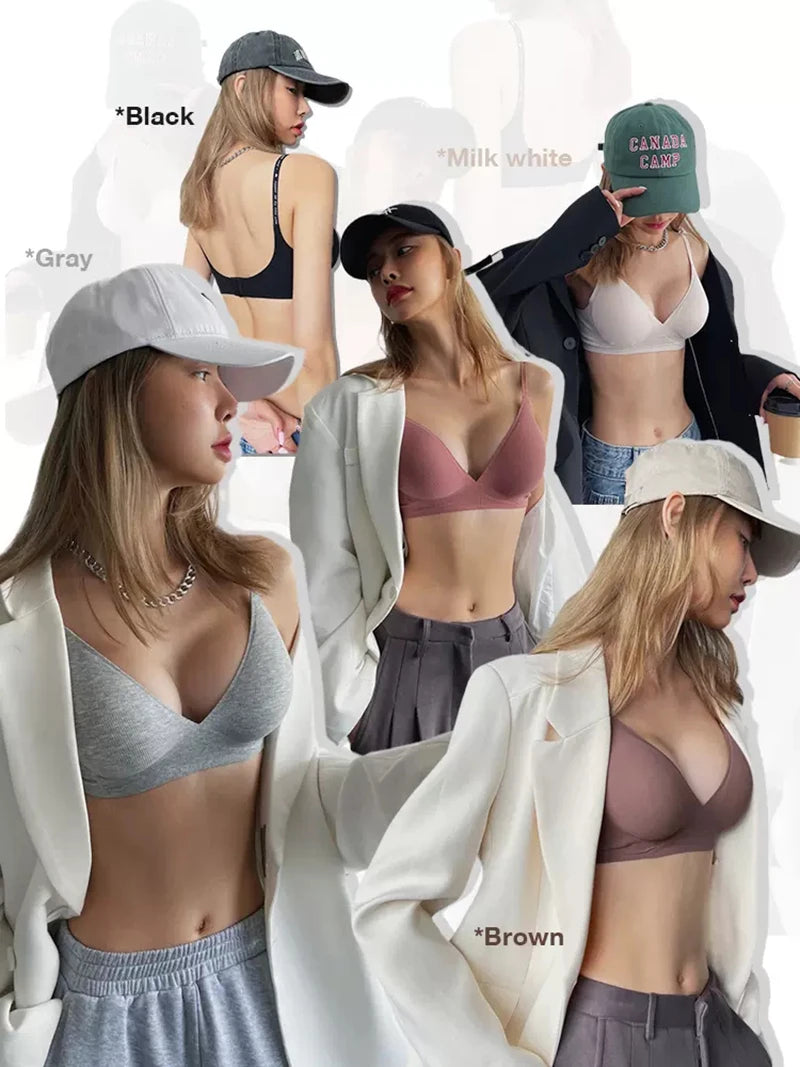 Women's 3/5Pcs/set Wireless Bra Deep V Padded Bralette Stripe Knitting Bras