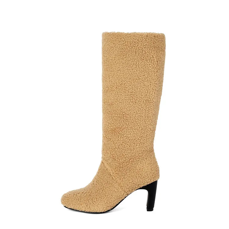 Faux Fur Lined Knee High Boots - 7cm Square Heel Winter Boots