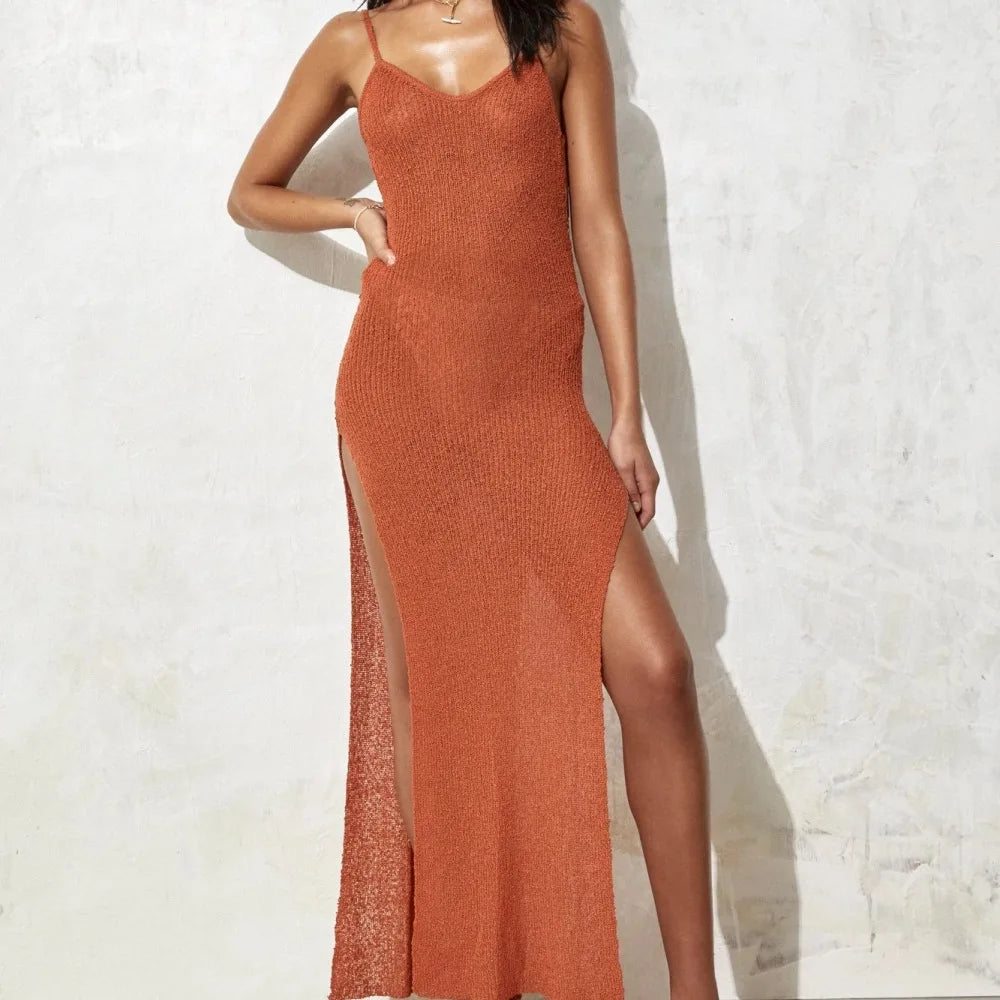 Women's Elegant Knitted Slit Long Dress Outfit - Sleeveless Backless See Through Dress