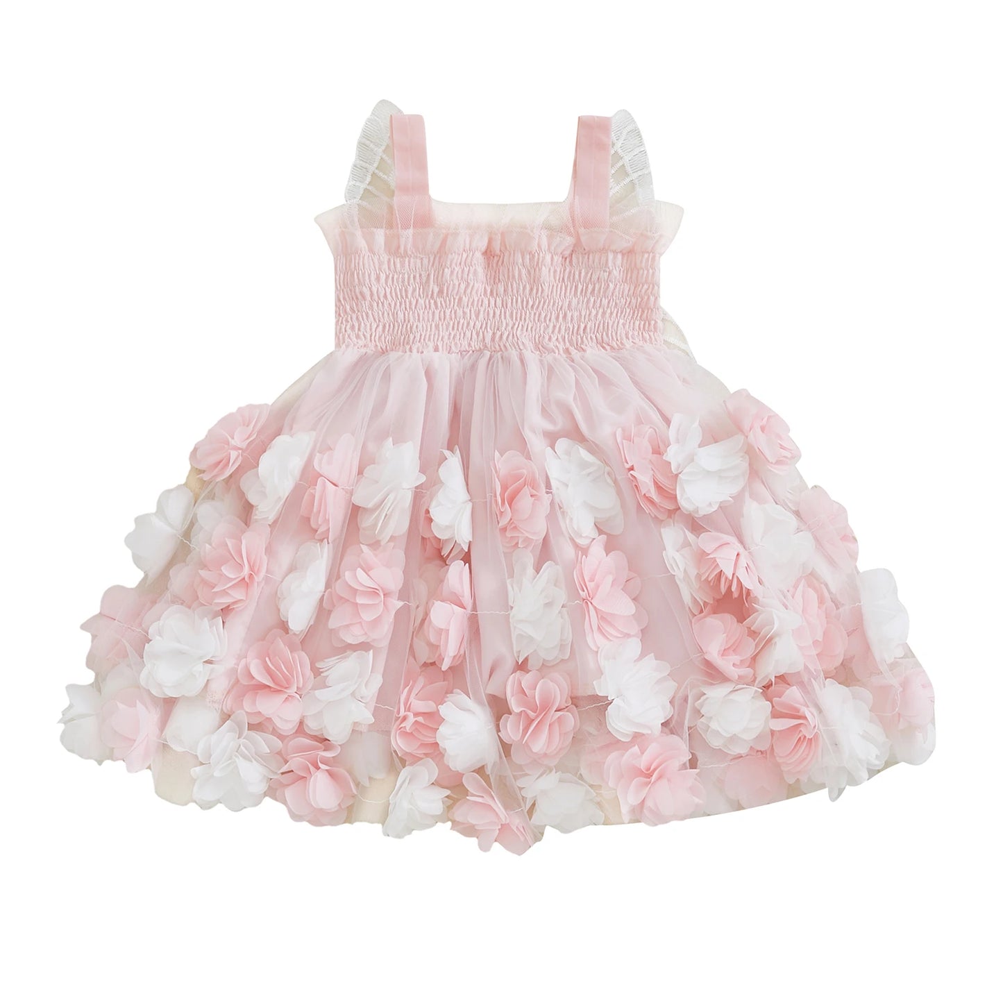0-4Y Kids Girls Sleeveless Strap 3D Roses Lace Tulle Layered Dress with Wings