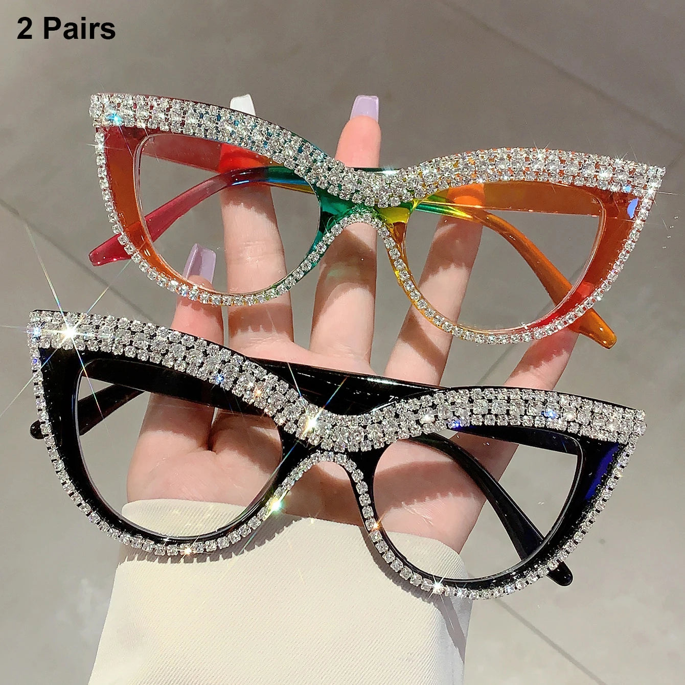 Women's 2 Pairs Per Set Cat Eye Glasses with Rhinestones Optical Frames Trendy Chic Casual Decor Eyeglasses