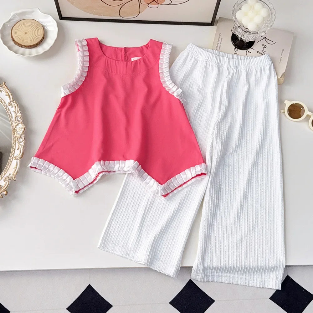 Girl's Round Neck Lace Vest Top and Strip Pants 2-Pcs Set Summer Girl Clothes 3 To 7 Years