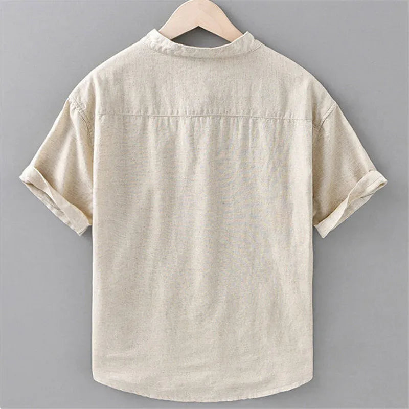Men's Summer Cotton Linen Casual Lightweight Breathable Short Sleeve Loose Stand Collar Shirt