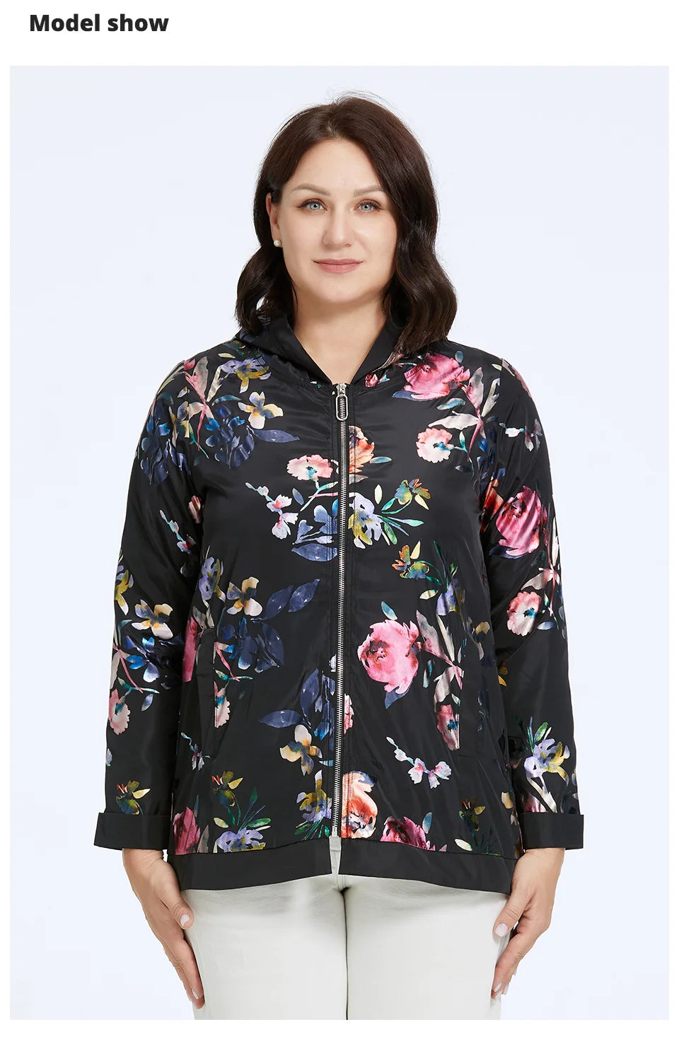 Women's Oversized Hooded Flower Print Zip Windbreaker Jacket