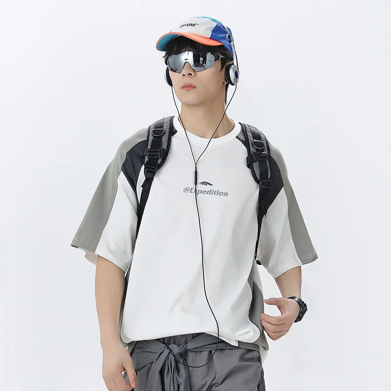 Men's Sports T-Shirt Mesh Breathable Colour Block Letter Print Short Sleeve