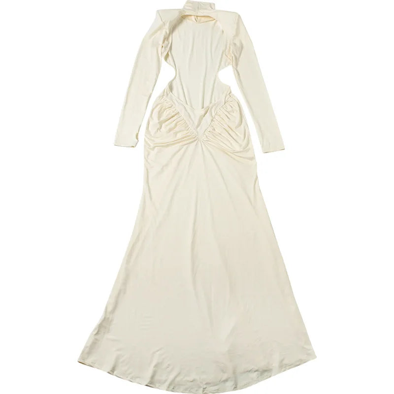 Women's Ruched Long Sleeve Maxi Dress - Elegant Backless Evening Gown