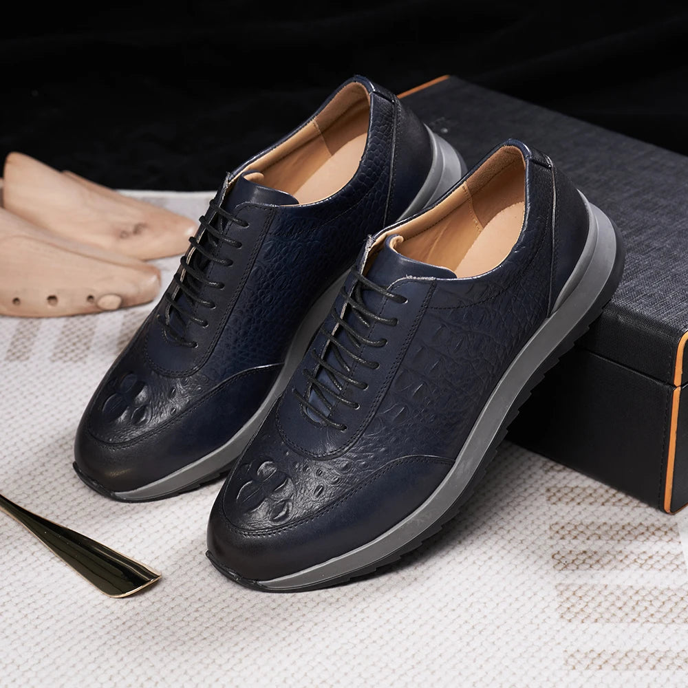 Men's Genuine Leather Crocodile Pattern Oxford Sneakers – Lace-Up Casual Flat Shoes