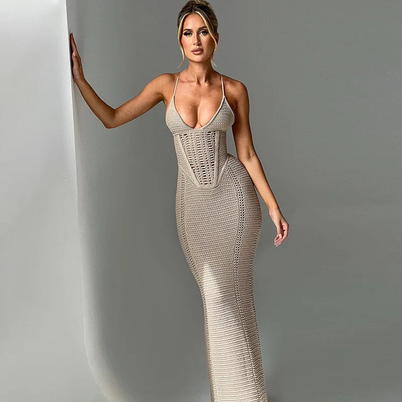 Women's Knitted Hollow Out Bandage Maxi Sleeveless Party Bodycon Dress