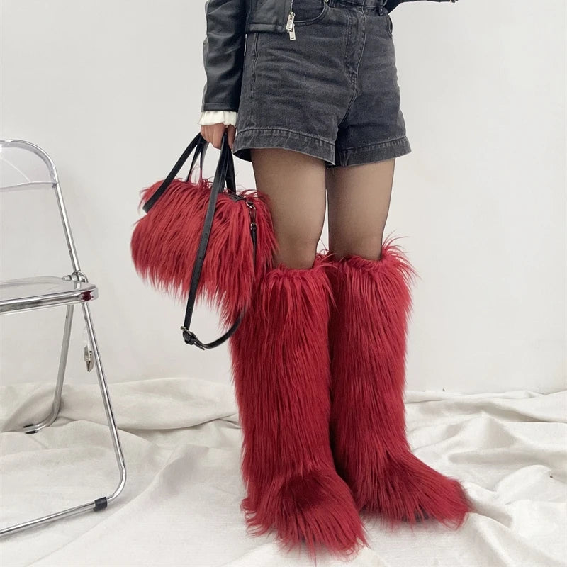 Winter Women Faux Fur Boots And Bag Set - Fluffy Warm Snow Boots Cute Tote Fur Handbag and Platform Plush Boots