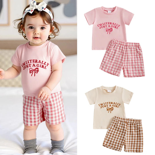 0-4Y Kids Girls Summer Clothes Sets 2pcs Outfits Short Sleeve Letter Bow Embroidery T Shirts Plaid Shorts Sets