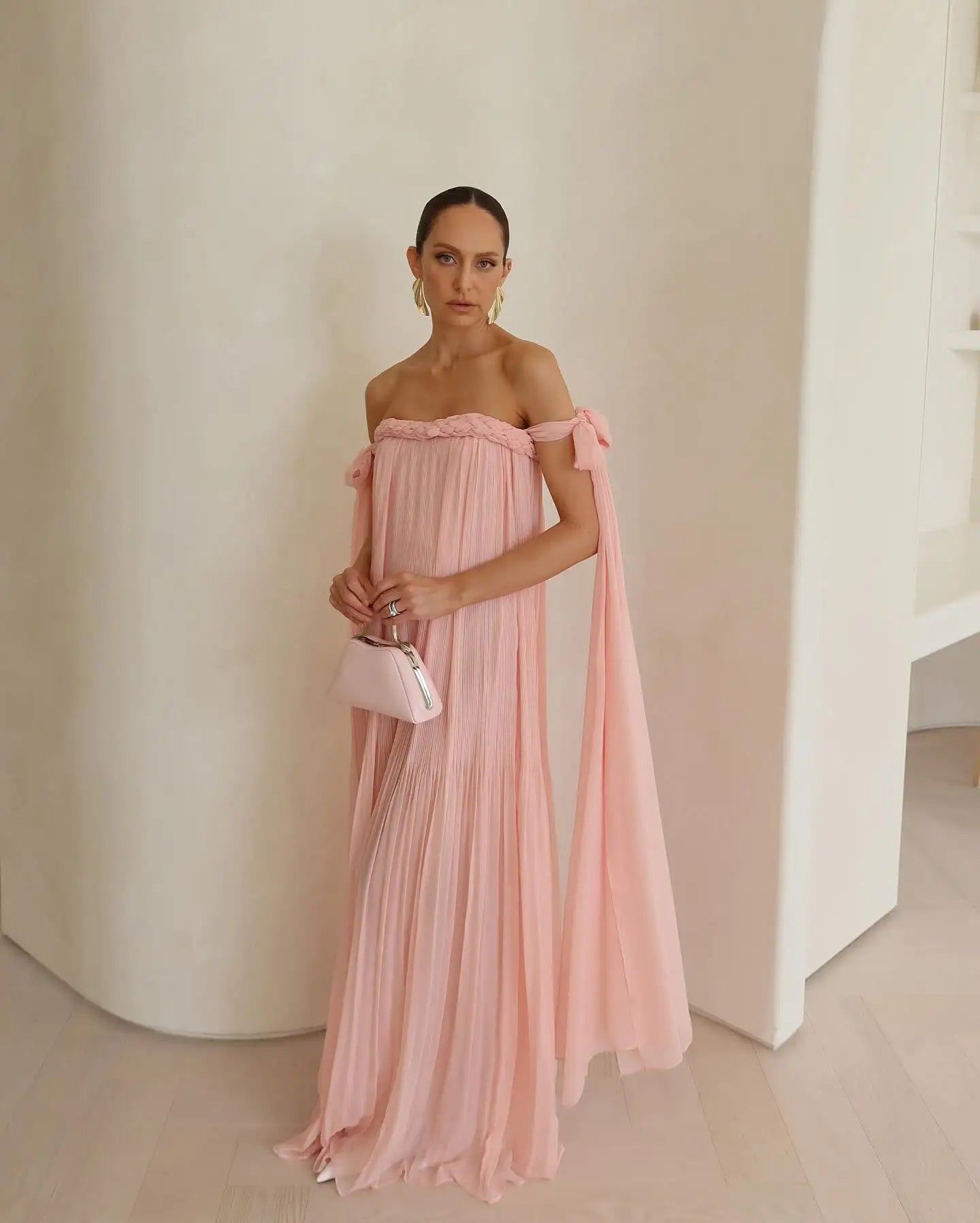 Off-Shoulder Braided Tie Maxi Dress - Pleated A-Line Summer Beach Dress