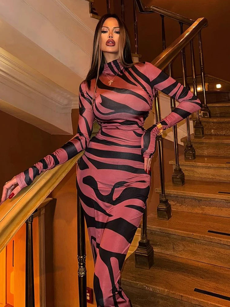 Women's Leopard Print Maxi Long Sleeve Gown Dress