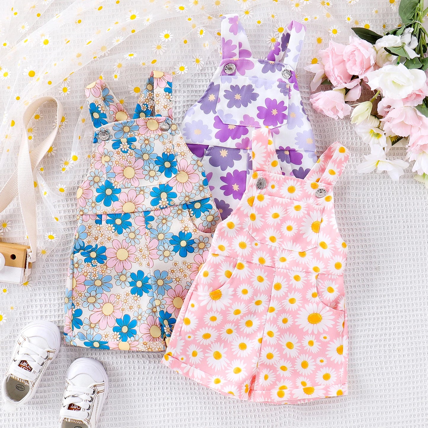 0-4Y Toddler Kids Girls Overalls Rompers Sleeveless Strap Sunflowers Print Buttons Pockets Jumpsuit