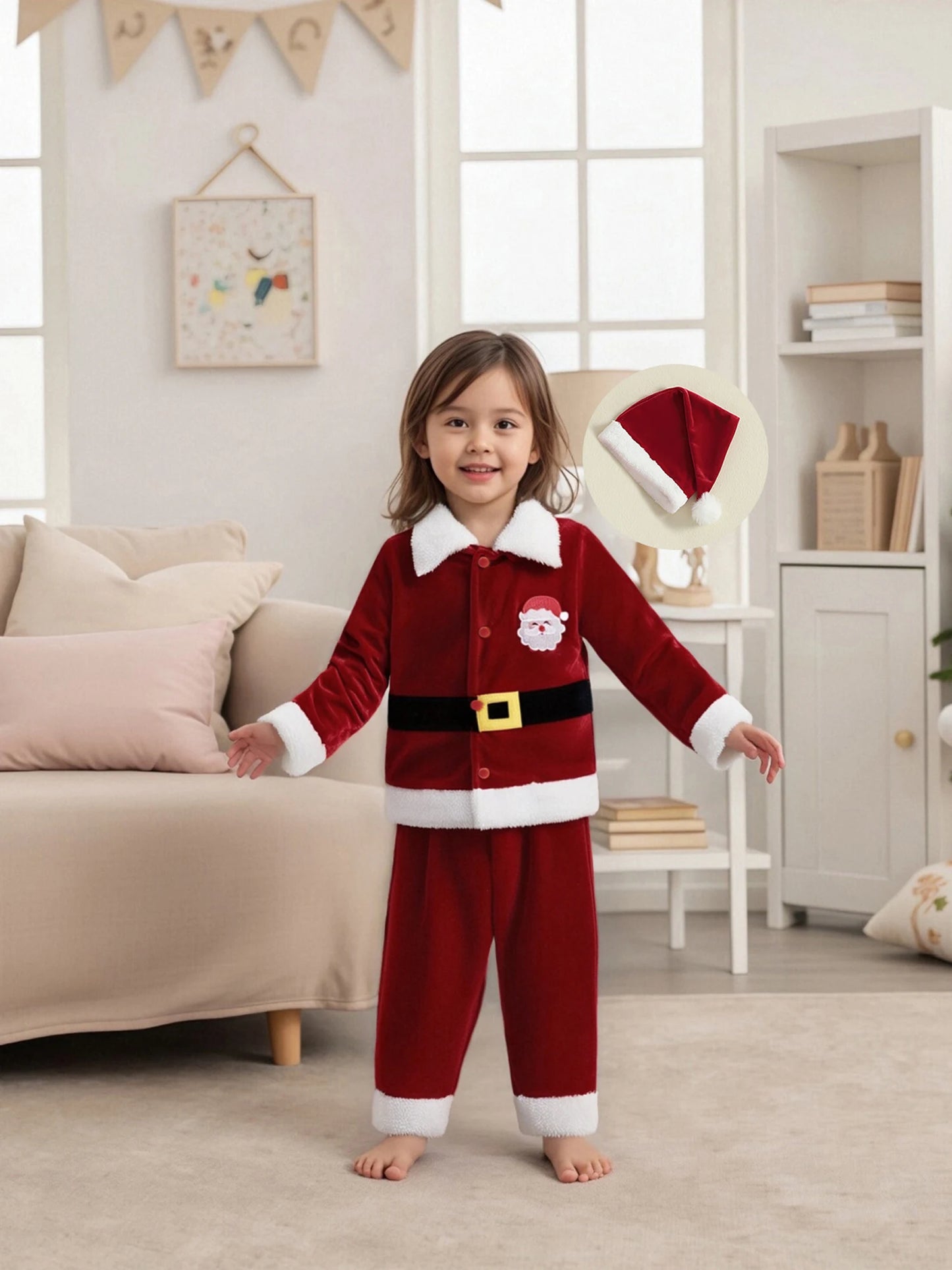 Christmas Santa Costume Set - Kids Lapel Button Down Top & Pants Outfit