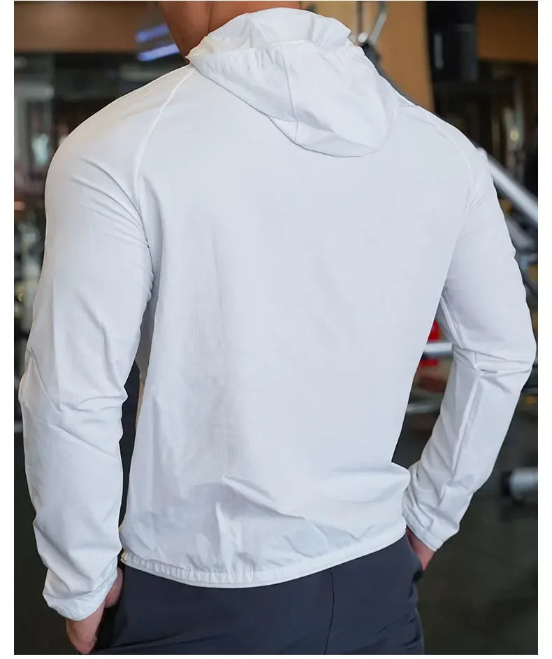 Men's Nylon Sport Coat Gym Fitness Hoodies Outdoor Workout Tops Hooded Training Running Zipped Jacket