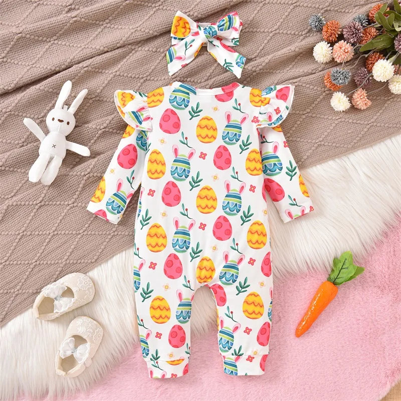 Newborn Baby Easter Jumpsuit - Long Sleeve Rabbit Egg Print Romper with Headband