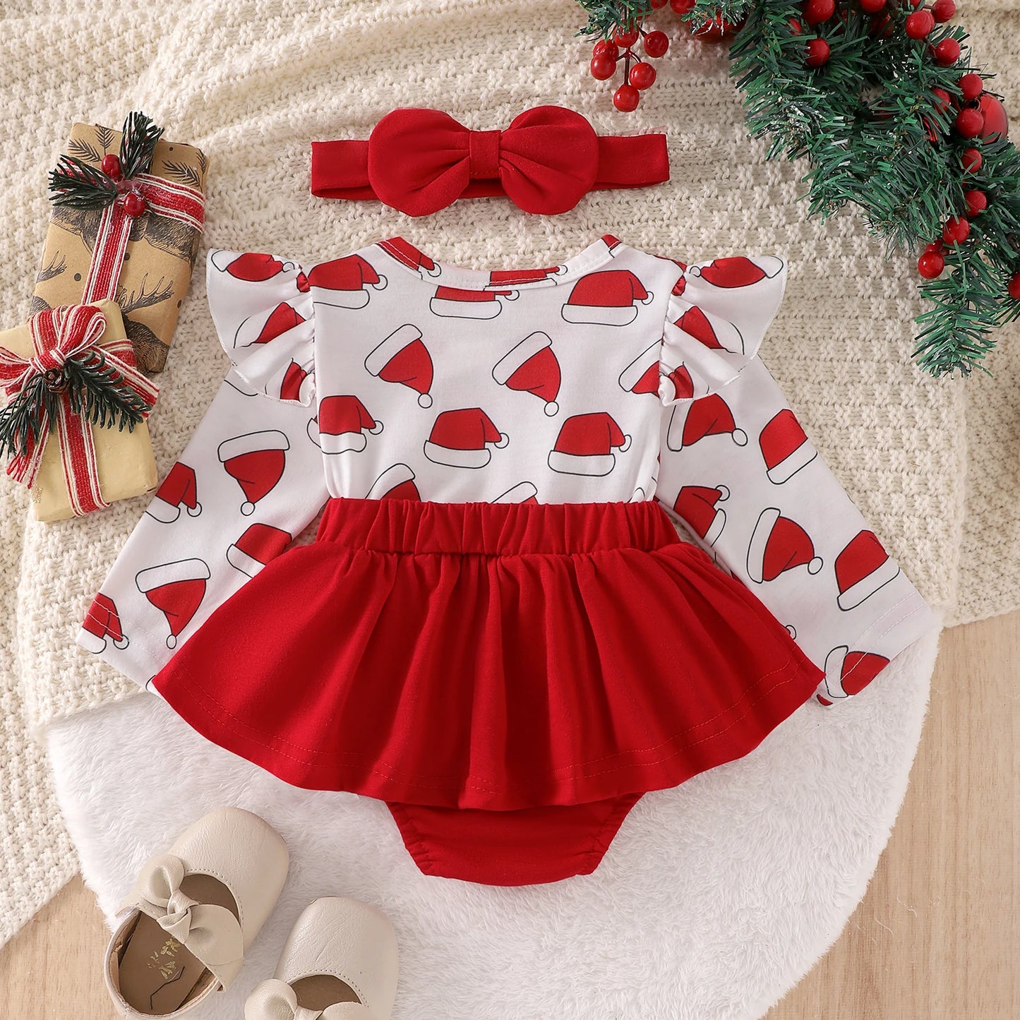 2-Piece Baby Girls Holiday Romper Dress Set 0-18M - Thanksgiving/Christmas Print with Headband