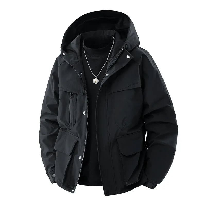 Men's Hooded Outdoor Jacket - Solid Colour Casual Outerwear with Zippers