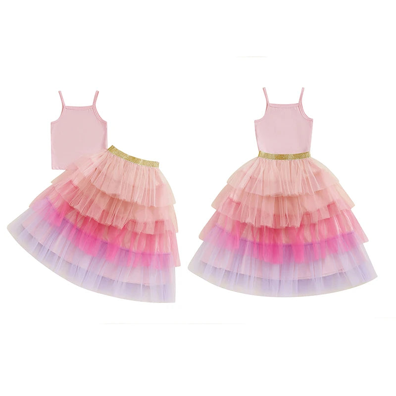 2-7Y  Kids Girls Summer Clothes Sets Sleeveless Camisole with Rainbow Lace Tulle Skirt