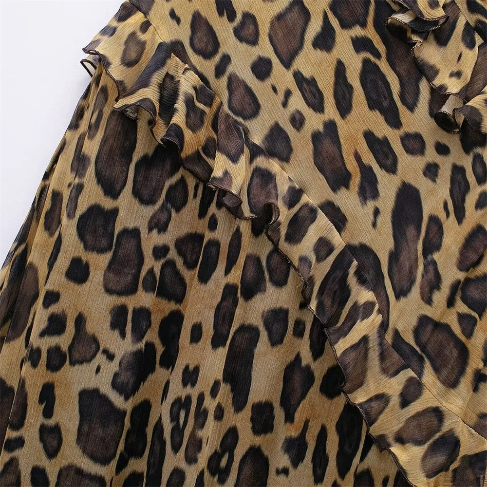 Women's Spring and Summer  Temperament Ruffle Edge Leopard Print Dress