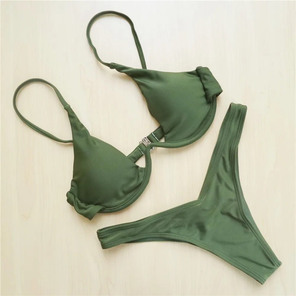 Women's V-Bar Underwired Bikini Set | V-Shape Wire Padded Two-Piece Swimwear