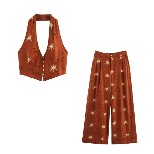 Women's Summer Printed Blended Top & Wide Leg Pants Set - Two Piece Outfit