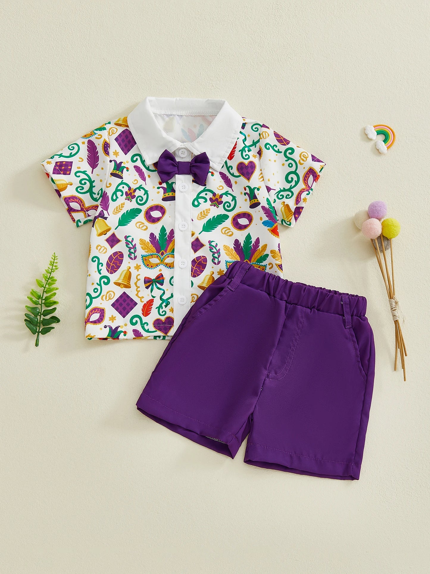 Toddler Boys Gentleman Outfit Set - Cartoon Print Collared Shirt with Bowtie & Shorts 1-6Y