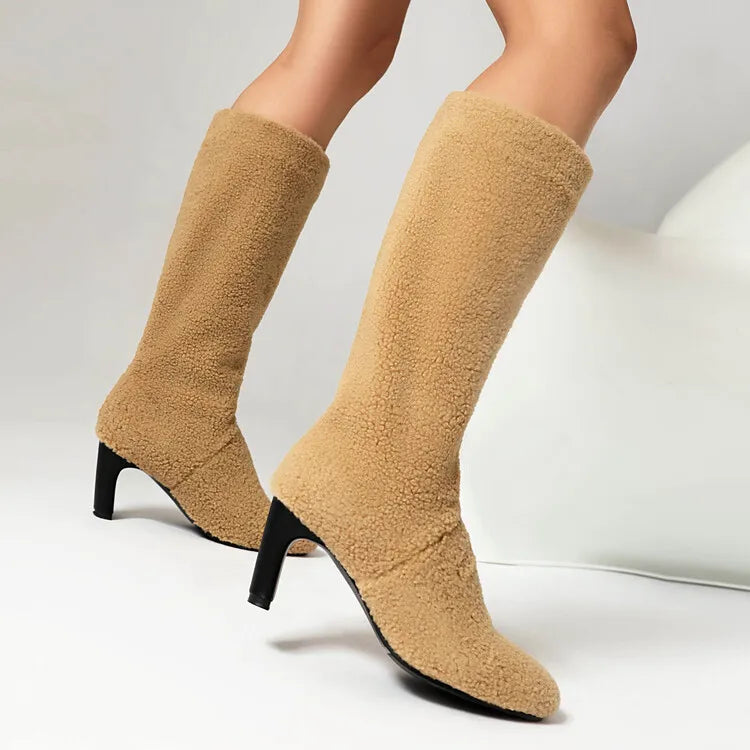 Faux Fur Lined Knee High Boots - 7cm Square Heel Winter Boots