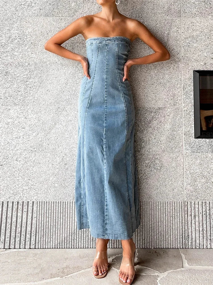 Women's Side Slit Denim Bodycon Sleeveless Maxi Dress