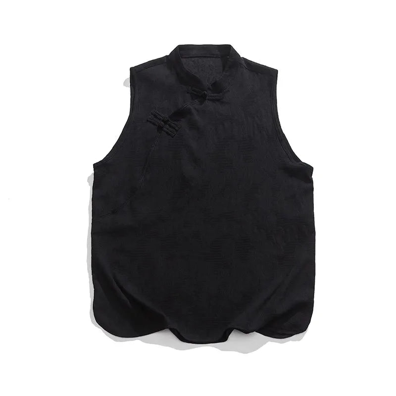 Men's Summer Tank Top Chinese Style Loose Stand Collar Cotton Casual Breathable Sleeveless Vest