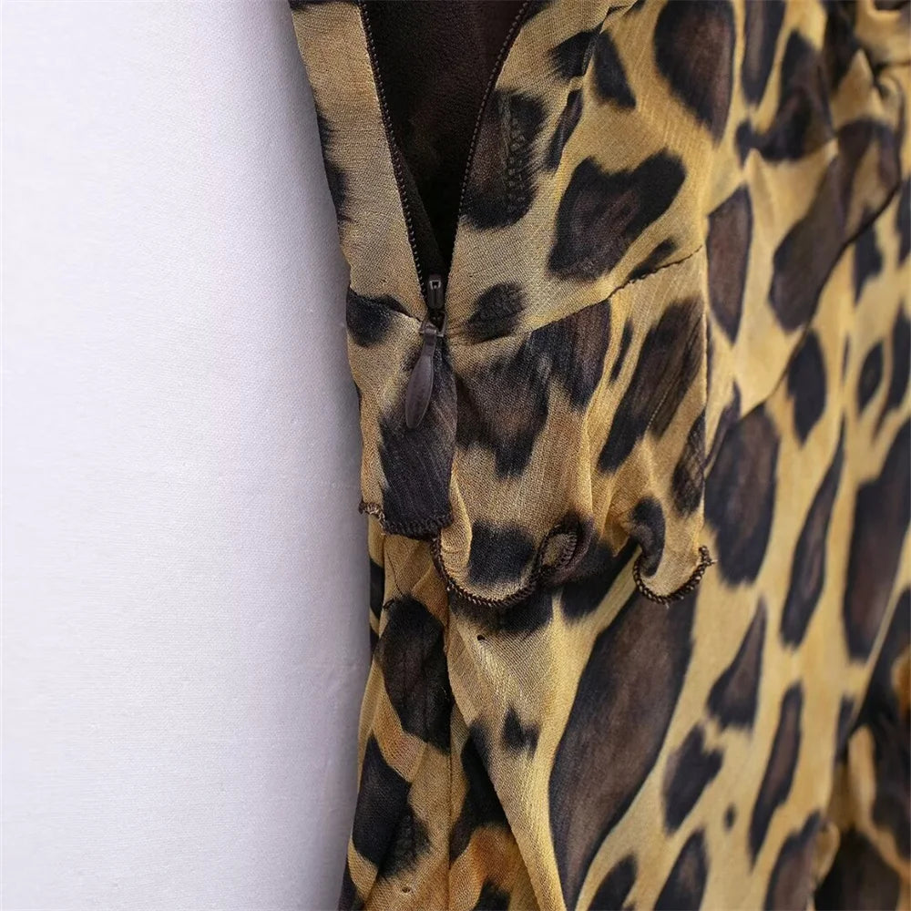 Women's Spring and Summer  Temperament Ruffle Edge Leopard Print Dress