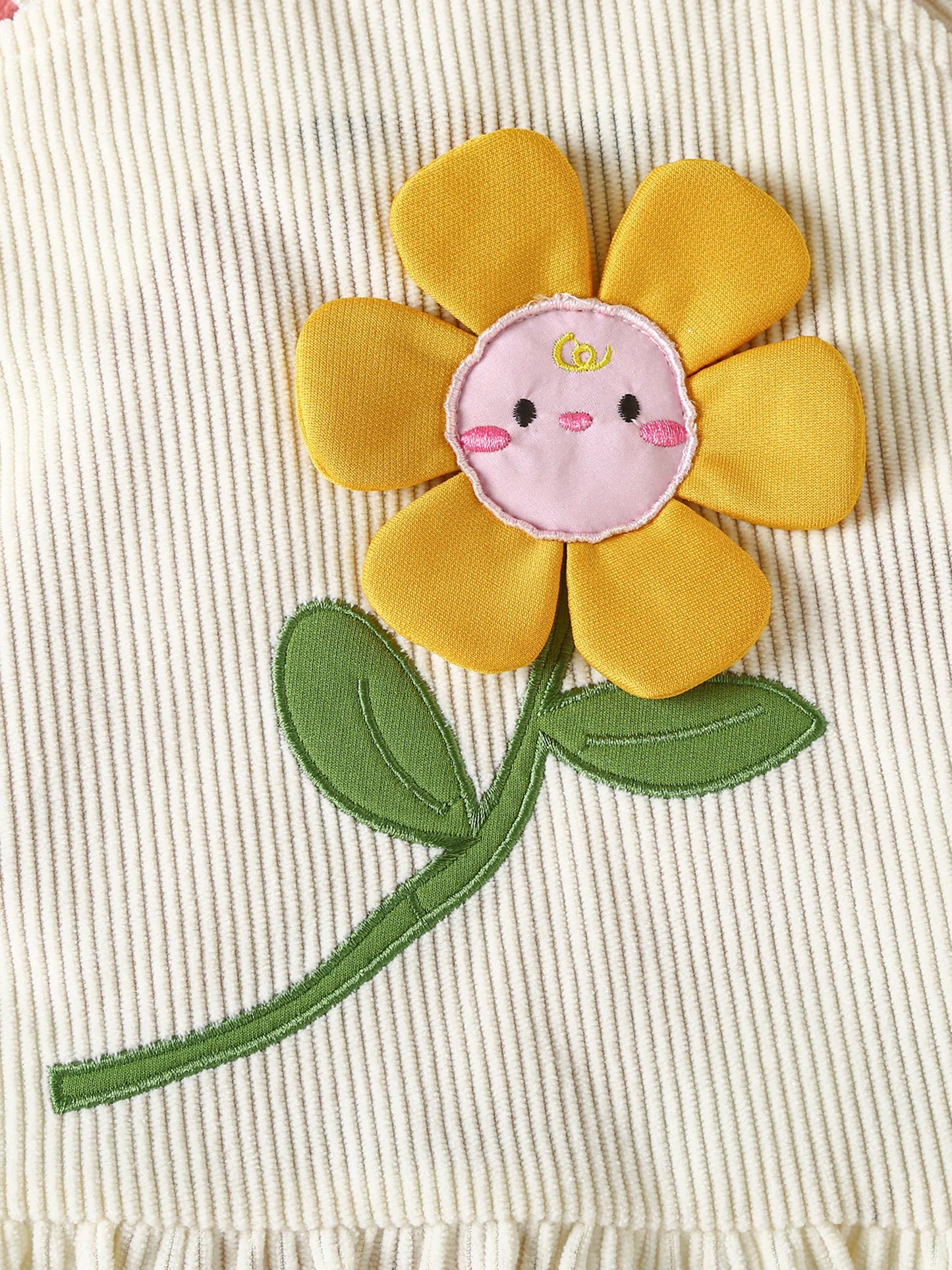 Baby Girls Sunflower Embroidery Outfit Set - Ruffled Long Sleeve Romper Dress & Bow Headband (0-18M)