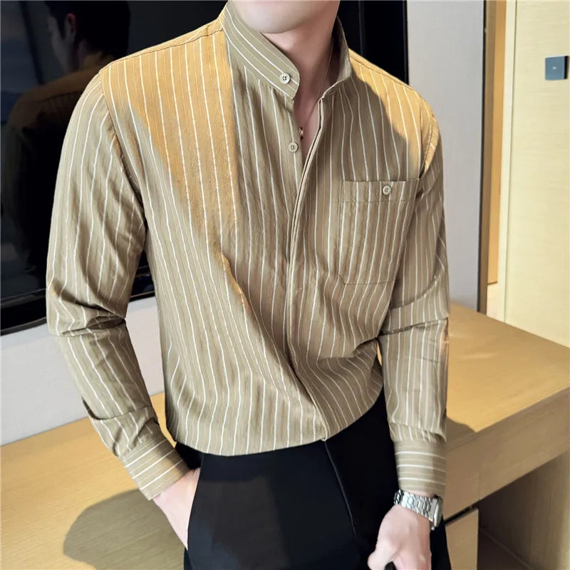 Men's Striped Stand Collar Long Sleeve Single Breasted Shirt