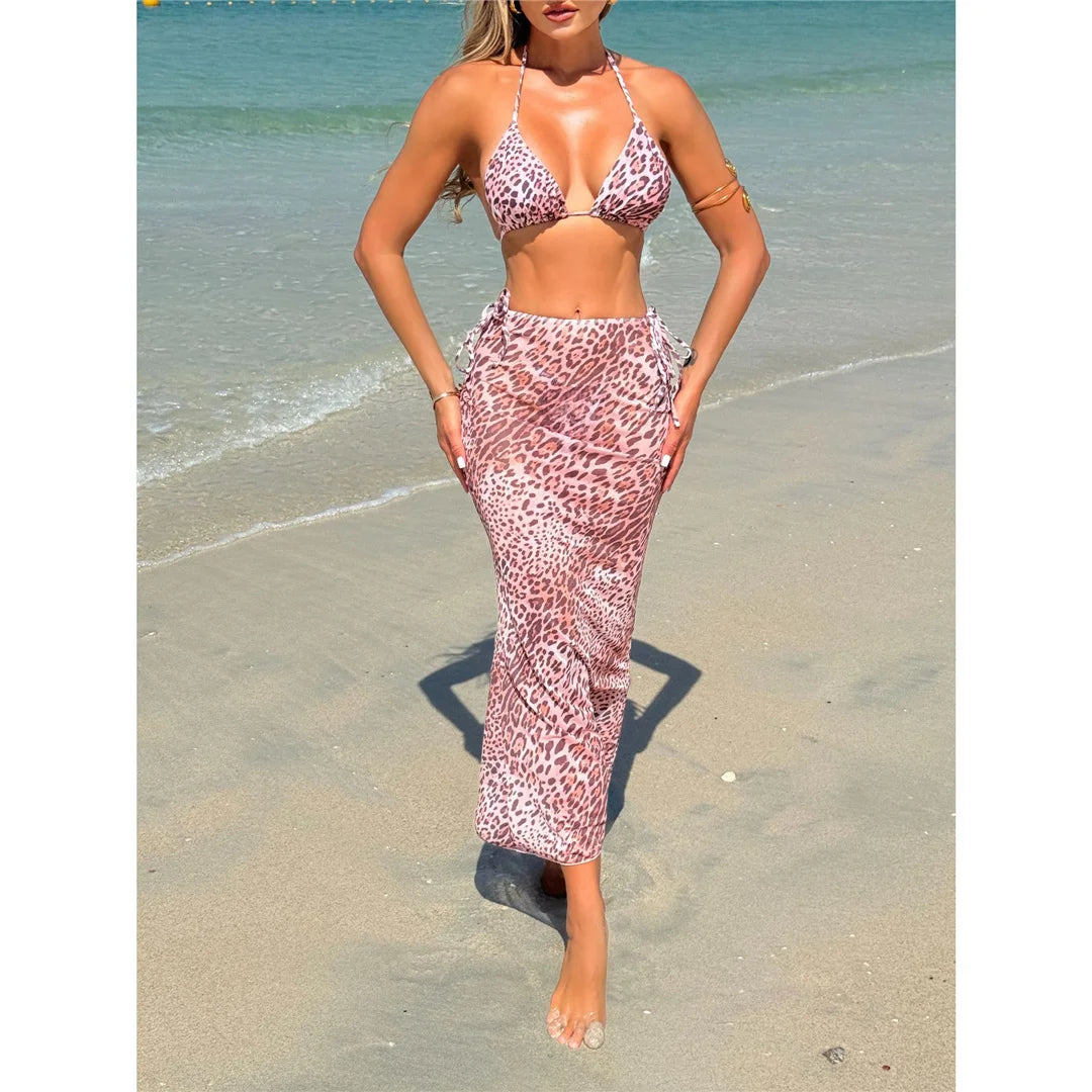 Women's Leopard With Skirt Halter Bikini Women Swimwear Swimsuit Three-pieces Bikini set