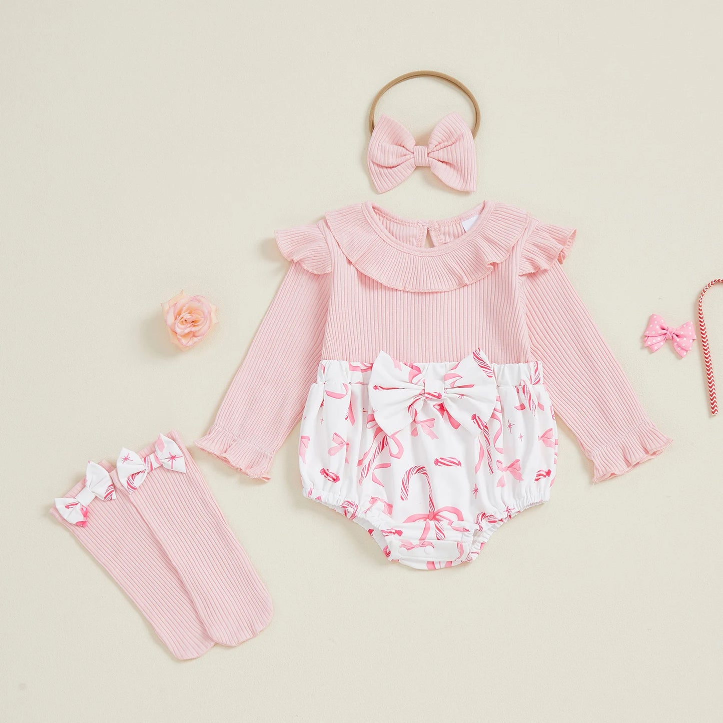 Baby Girls Christmas Romper Set - Santa Tree Bow Print Long Sleeve Ruffle Jumpsuit with Headband & Socks