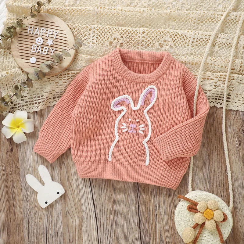 0-3Y Baby Girls Easter Sweater Rabbit Embroidery Long Sleeve Crew Neck Knitwear Pullover Outwear