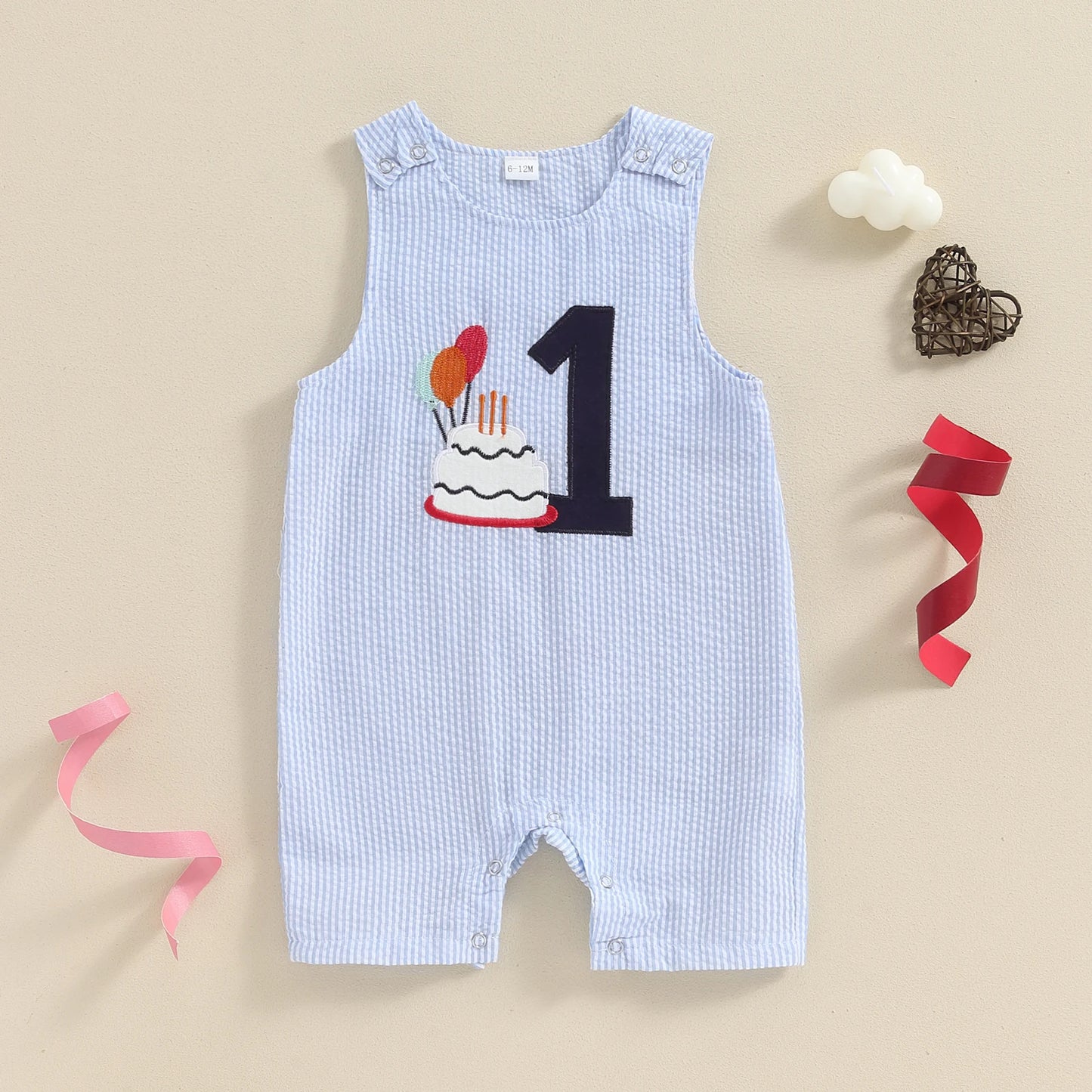 0-18M Baby Boys Overalls Romper Sleeveless Letter Embroidery Cake Striped Birthday Jumpsuits