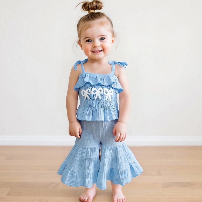 0-6Y Kids Girls Summer Clothes Set Bow Embroidery Tie-Strap Tank Top with Solid Color Flare Pants