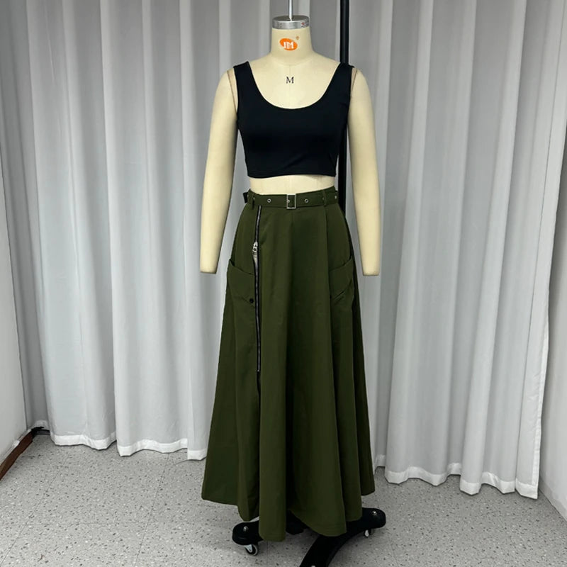 2 Piece Set Women Stylish Solid Round Neck Sleeveless High Waist Vest Slim Top Loose With Pockets Zipper Long Skirt Set