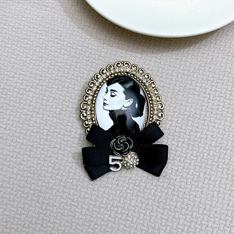 Retro Beauty Head Brooch - Velvet Bow Badge Flower Corsage Pin