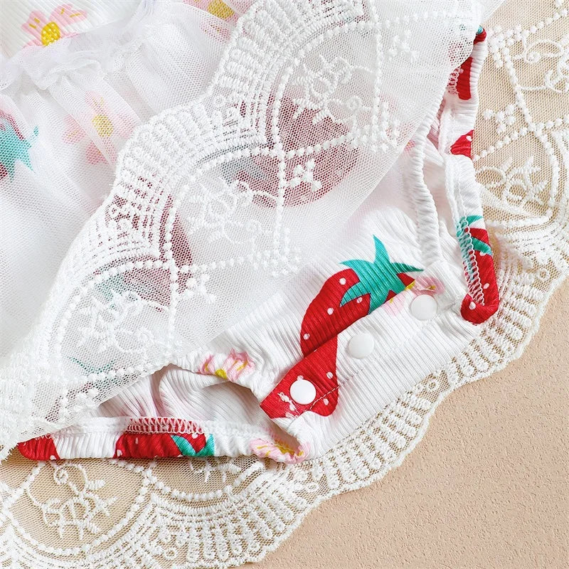 2pcs Valentines Days Baby Girls Romper Dress 0-18M Ruffles Sleeveless Strawberry Print Lace Tulle Jumpsuits Hairband