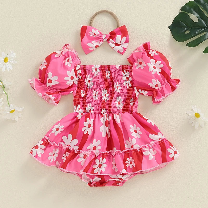 0-18M Baby Girls Summer Sweet Romper Dress Short Sleeve Elastic Neckline Sunflowers Print Jumpsuits with Headband