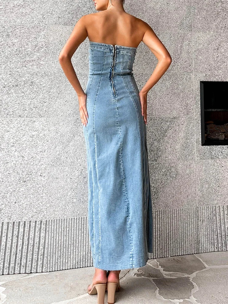 Women's Side Slit Denim Bodycon Sleeveless Maxi Dress